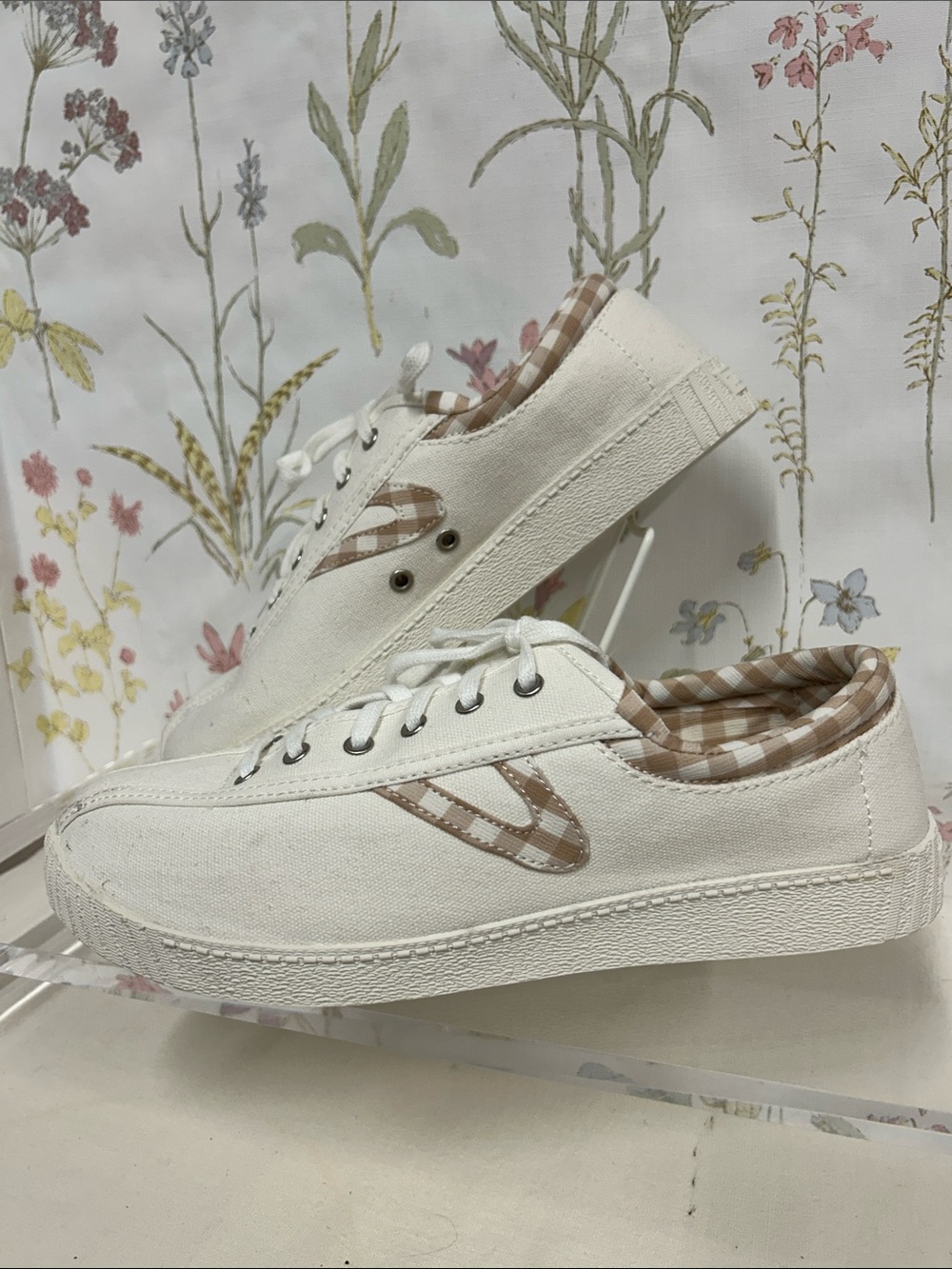 Tretorn Cream Canvas Sneakers with Tan Gingham Trim